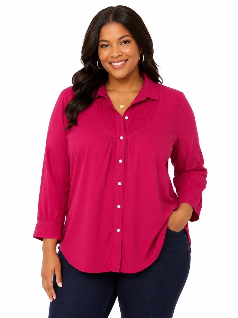 Old Navy Women’s L Fuchsia Pink 100% Cotton Button Down Long Sleeve Blouse EUC